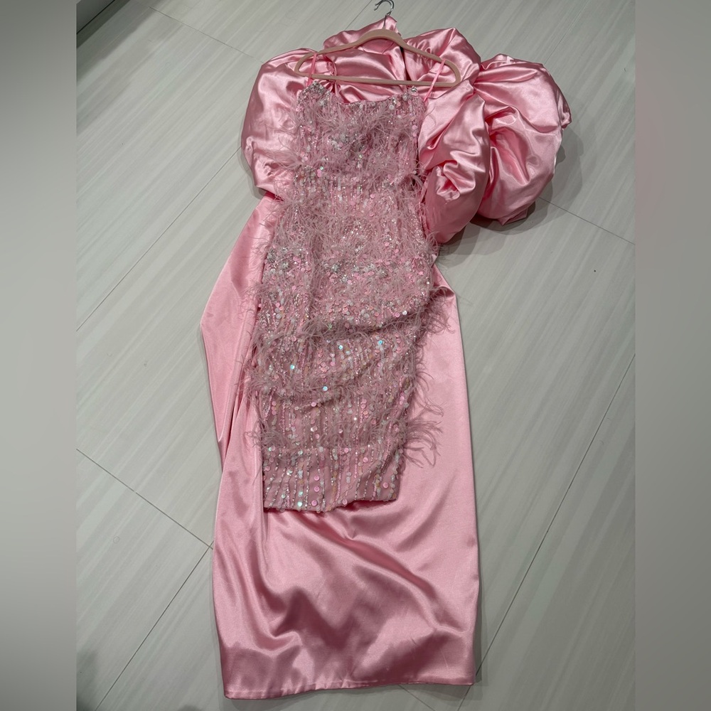 Strapless Pink Midi Dress with Feather & Sequin Detailing and custom cape - Picture 2 of 15
